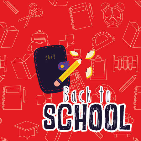 back to school poster with wallet and pencil vector illustration designのイラスト素材