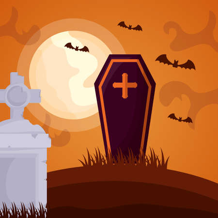 halloween dark cemetery scene with coffin vector illustration designのイラスト素材