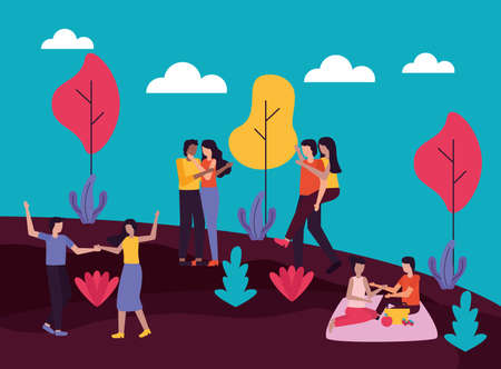 couples activities park outdoors flat designvector illustrationのイラスト素材