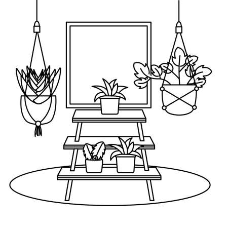 Plants inside pots and furniture design, Garden ornament nature botany natural and floral theme Vector illustrationのイラスト素材