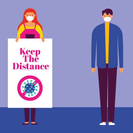 couple using face masks for covid19 with keep distance banner vector illustration designのイラスト素材