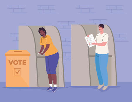 woman and man cartoons in booth with vote paper design, Vote elections day and government theme Vector illustrationのイラスト素材