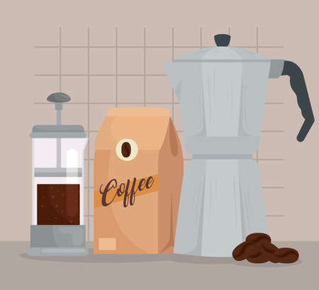 coffee brewing methods, aeropress and moka pot with bag of coffee vector illustration designのイラスト素材