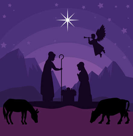 merry christmas nativity mary joseph baby and cows design, winter season and decoration theme Vector illustrationのイラスト素材