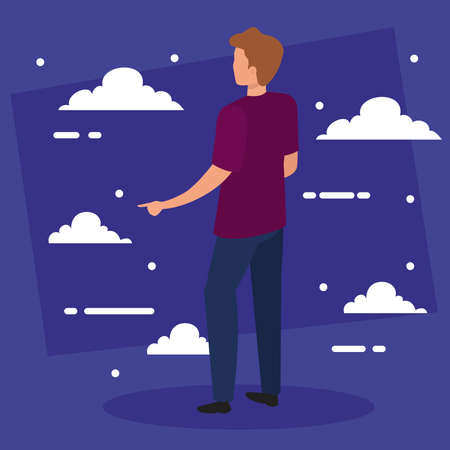 man cartoon back with clouds design, Boy male person people human social media and portrait theme Vector illustrationのイラスト素材