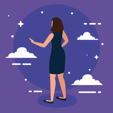 woman cartoon back with clouds design, Girl female person people human and social media theme Vector illustrationのイラスト素材