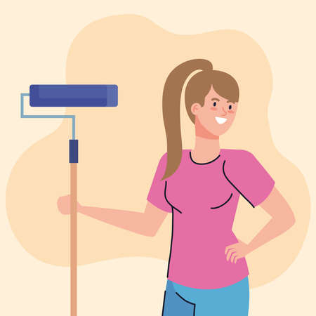 woman cartoon painting with roll design of remodeling construction working and repairing theme Vector illustrationのイラスト素材