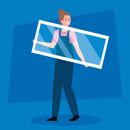 woman cartoon with construction window design of remodeling working and repairing theme Vector illustrationのイラスト素材