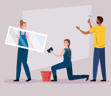 man and women with construction hammer window sponge and bucket design of remodeling working and repairing theme Vector illustrationのイラスト素材
