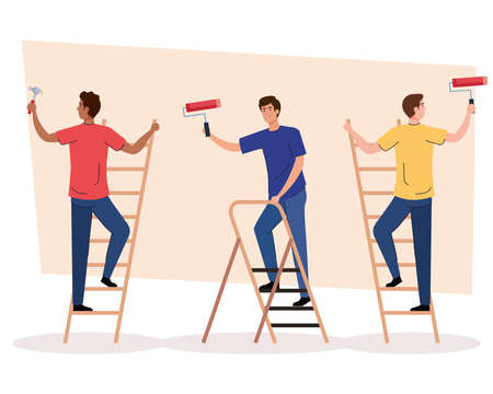 men with construction hammer and paint rolls design of remodeling working and repairing theme Vector illustrationのイラスト素材