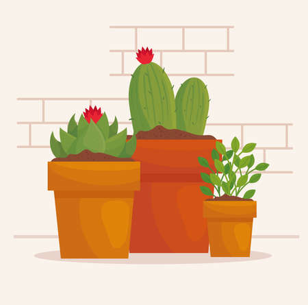Gardening cactus and plants inside pots design, garden planting and nature theme Vector illustrationのイラスト素材