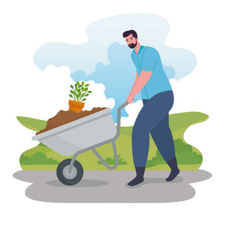 Gardening man with wheelbarrow and plant design, garden planting and nature theme Vector illustrationのイラスト素材