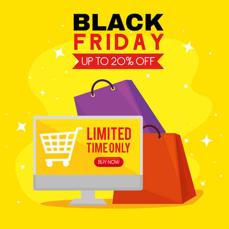 black friday computer with bags design, sale offer save and shopping theme Vector illustrationのイラスト素材