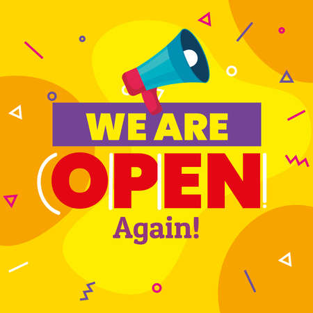 banner, lettering we are open again with megaphone on yellow background vector illustration designのイラスト素材