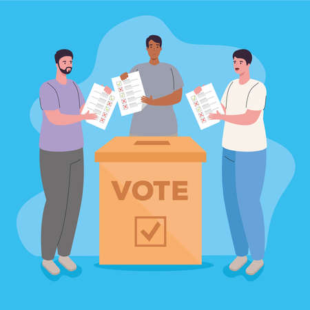 men cartoons with vote paper and box design, Vote elections day and government theme Vector illustrationのイラスト素材