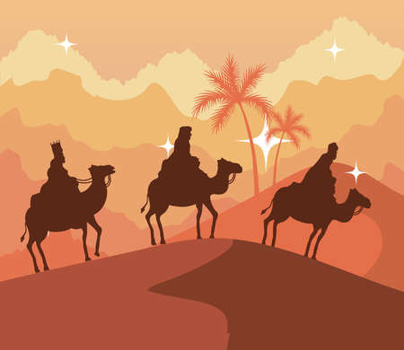 nativity three wise men at desert on orange background design, merry christmas theme Vector illustrationのイラスト素材