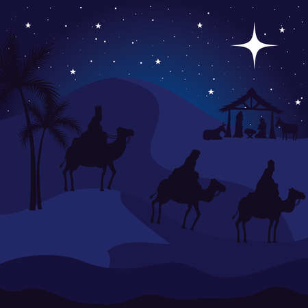 nativity mary joseph baby and wise men on blue background design, merry christmas theme Vector illustrationのイラスト素材