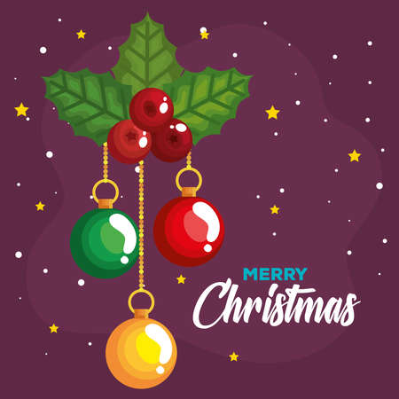 christmas holly berry and balls hanging, banner of new year and merry christmas celebration vector illustration designのイラスト素材