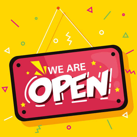 we are open, label hanging on yellow background vector illustration designのイラスト素材