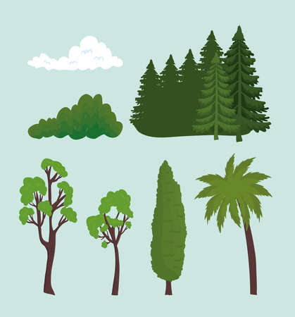 trees pines palm cloud and shrub design, landscape nature and outdoor theme Vector illustrationのイラスト素材