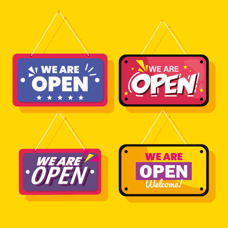 we are open, labels hanging on yellow background vector illustration designのイラスト素材