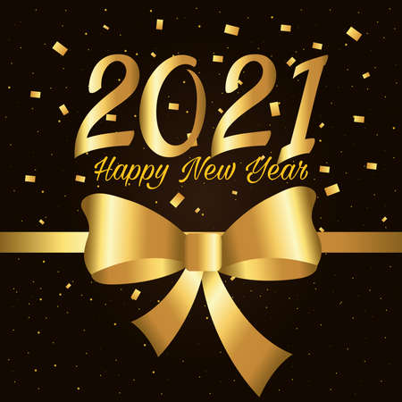 2021 Happy new year with gold bowtie and confetti design, Welcome celebrate and greeting theme Vector illustrationのイラスト素材