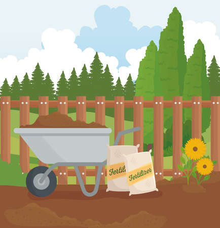 Gardening wheelbarrow fertilizer bags and flowers design, garden planting and nature theme Vector illustrationのイラスト素材