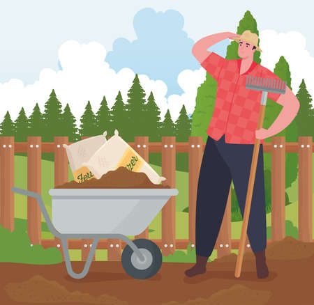Gardening man with wheelbarrow and rake design, garden planting and nature theme Vector illustrationのイラスト素材