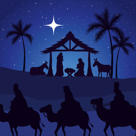 nativity mary joseph baby and wise men on blue background design, merry christmas theme Vector illustrationのイラスト素材