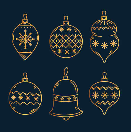 merry christmas gold spheres and bell design, winter season and decoration theme Vector illustrationのイラスト素材