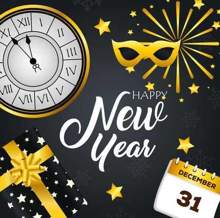 Happy new year gift clock glasses and calendar design, Welcome celebrate and greeting theme Vector illustrationのイラスト素材