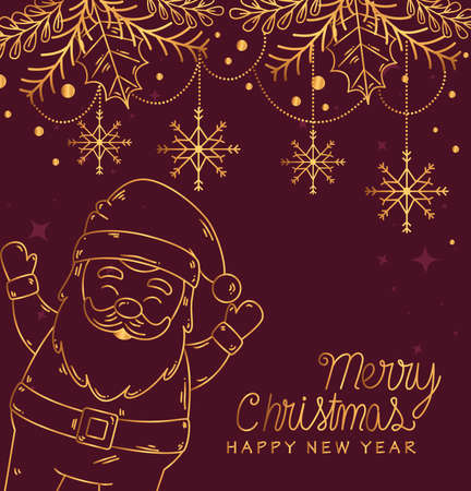 merry christmas happy new year santa and leaves design, winter season and decoration theme Vector illustrationのイラスト素材