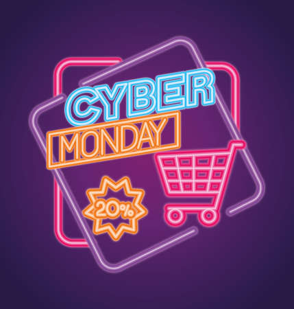 cyber monday neon with cart design, sale ecommerce shopping online theme Vector illustrationのイラスト素材