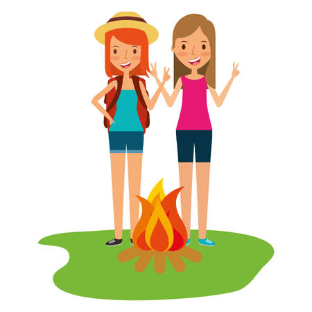summer time holiday young girls and bonfire vector illustrationのイラスト素材