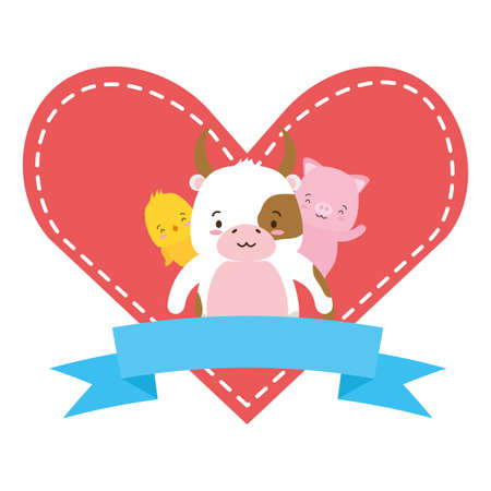 cute bull chick and pig animals heart love ribbon vector illustrationのイラスト素材