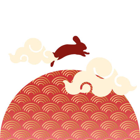mid autumn festival with waves in circular frame and rabbit vector illustration designのイラスト素材