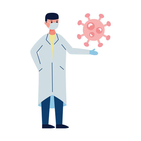 doctor wearing medical mask with covid19 particle flat style icon vector illustration designのイラスト素材