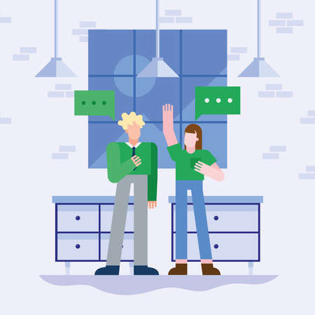 Coworking of woman and man with bubbles at office design, teamwork theme Vector illustrationのイラスト素材