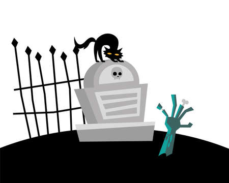 halloween cat cartoon on grave and zombie hand design, happy holiday and scary theme Vector illustrationのイラスト素材