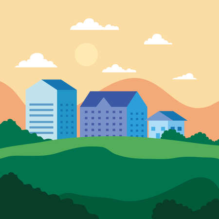 City landscape with houses shrubs clouds and sun design, architecture and urban theme Vector illustrationのイラスト素材
