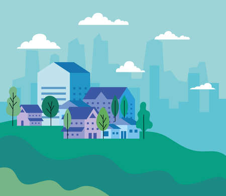 City landscape with houses trees and clouds design, architecture and urban theme Vector illustrationのイラスト素材