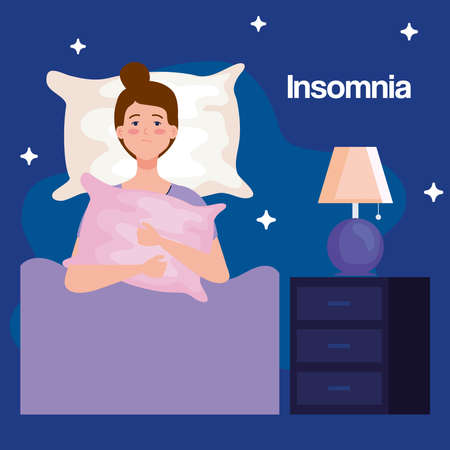 insomnia woman on bed with pillow and lamp design, sleep and night theme Vector illustrationのイラスト素材