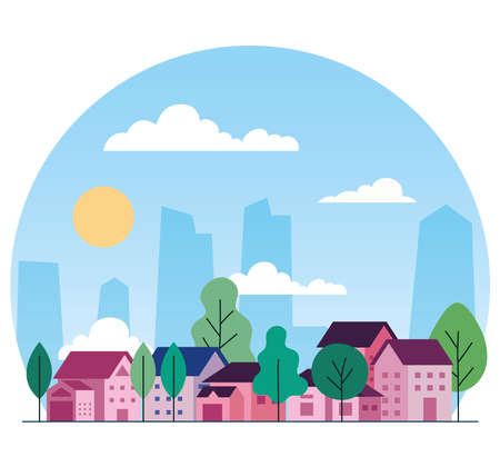 City landscape with houses trees clouds and sun design, architecture and urban theme Vector illustrationのイラスト素材