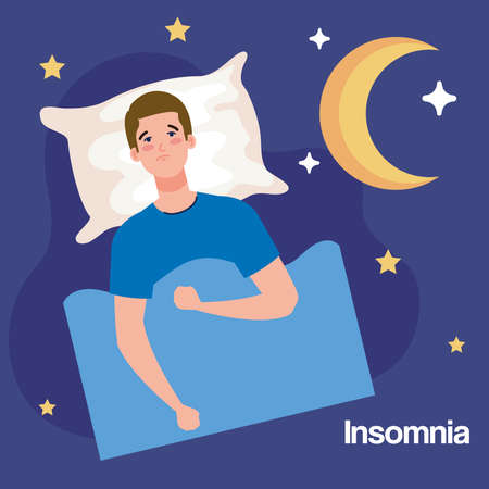insomnia man on bed with pillow and moon design, sleep and night theme Vector illustrationのイラスト素材