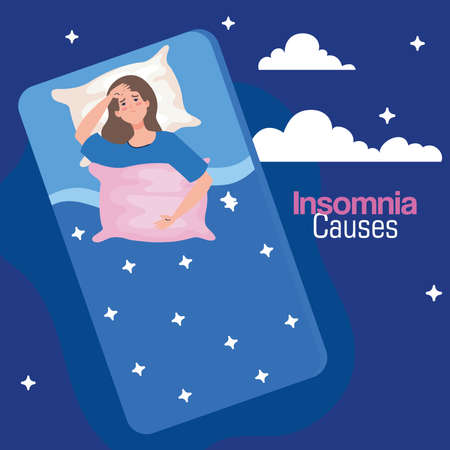 insomnia casuses woman on bed with pillow and clouds design, sleep and night theme Vector illustrationのイラスト素材
