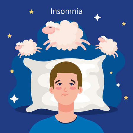 insomnia man on bed with pillow and sheeps design, sleep and night theme Vector illustrationのイラスト素材