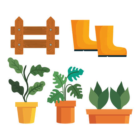 Gardening plants insde pots fence and boots design, garden planting and nature theme Vector illustrationのイラスト素材
