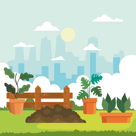 Gardening plants insde pots and earth design, garden planting and nature theme Vector illustrationのイラスト素材