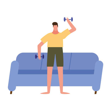 man lifting weights at home design of Activity and leisure theme Vector illustrationのイラスト素材