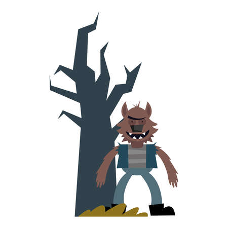 halloween werewolf cartoon with bare tree design, happy holiday and scary theme Vector illustrationのイラスト素材